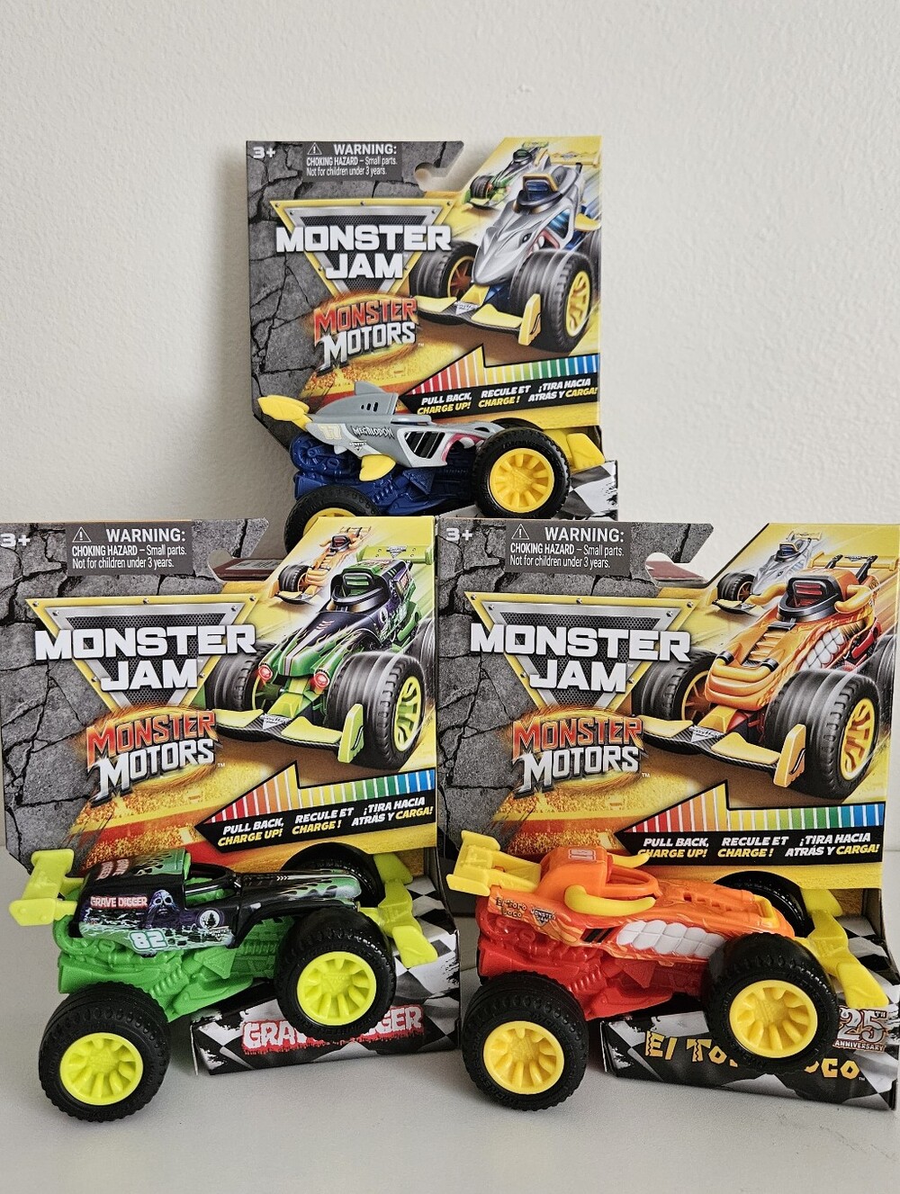 Monster Jam Monster Motors Pull-Back Set - Megaladon, Grave Digger, El Toro Loco